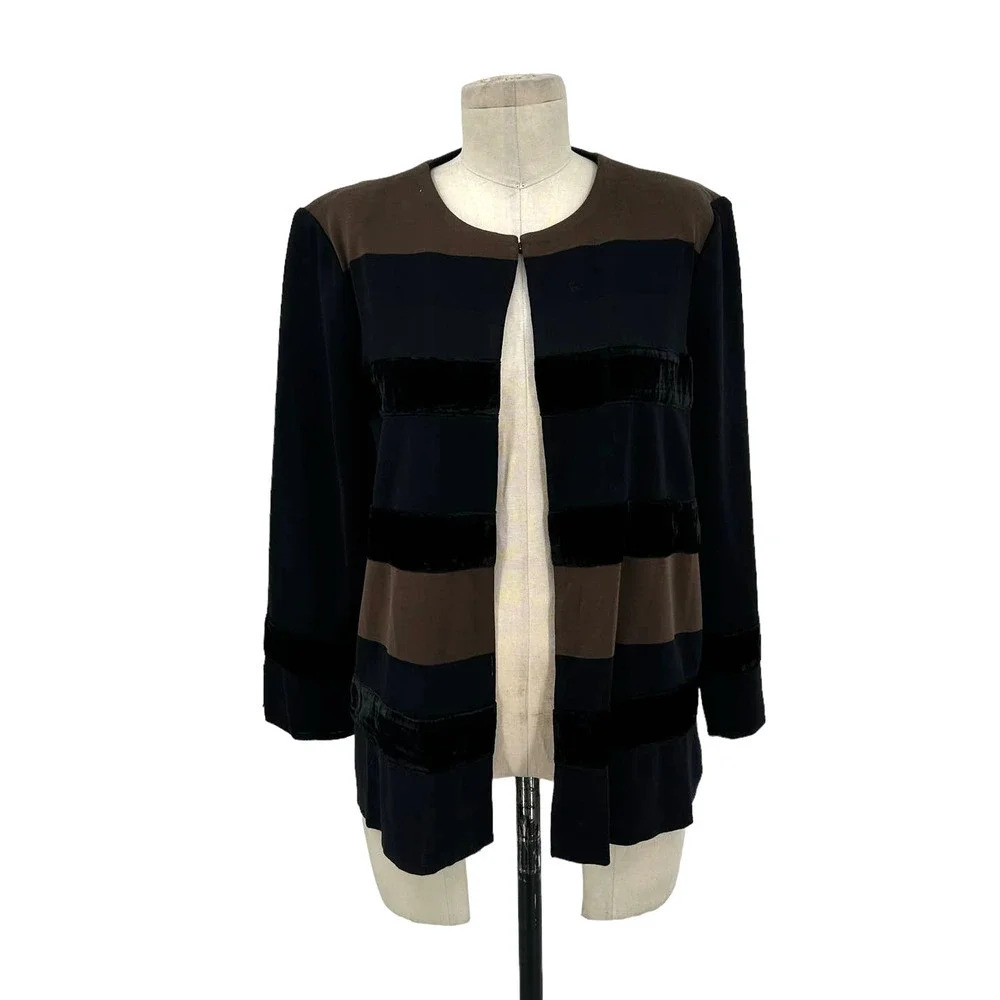 Misook Brown Black‎ Velvet Striped Open Front Sweater Jacket Blazer Size Medium